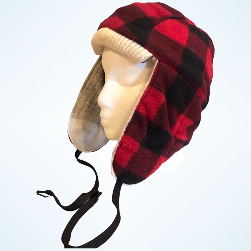 POOK Red and Black Buffalo Plaid Fleece and Knit Cap with Ear Flaps